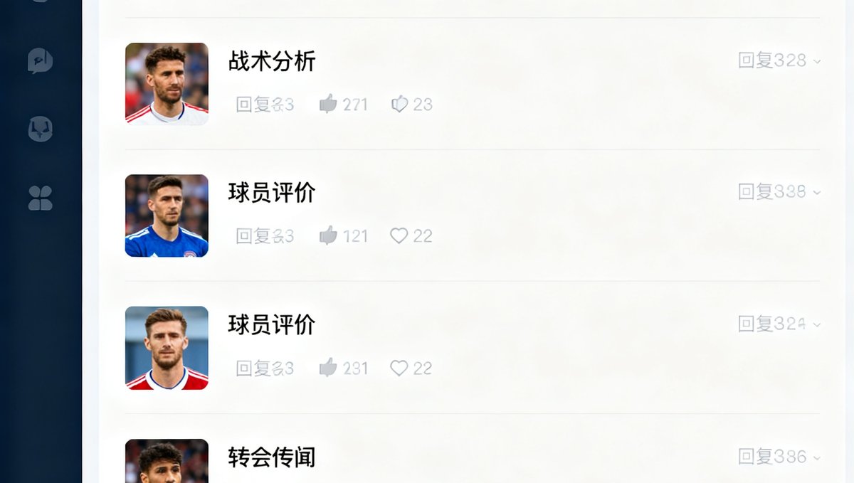 球迷论坛发帖界面截图，显示多个讨论帖列表，包含战术分析、球员评价和转会传闻等主题，每个帖子都有回复数和点赞数标记。